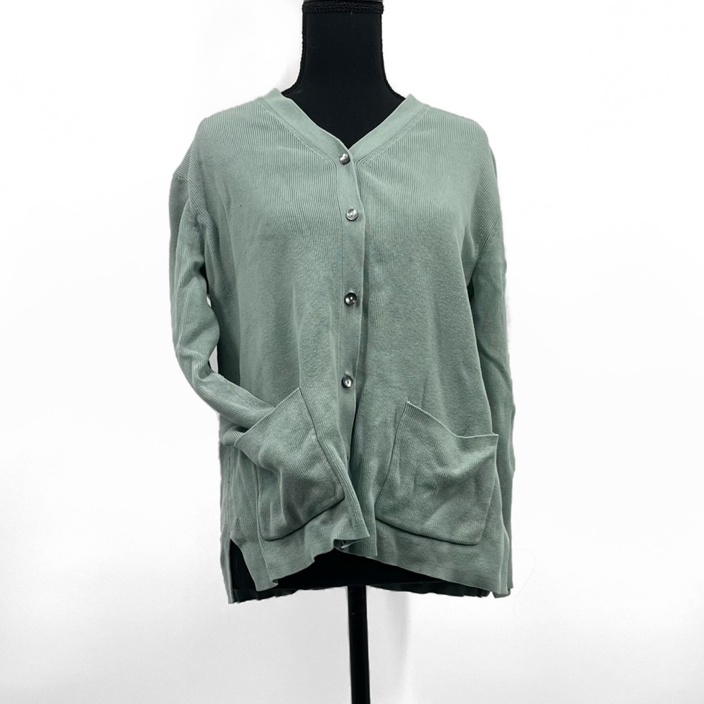 Appleseed’s Petite Sage Green Ribbed Cardigan Sweater Button Front Pockets PM
